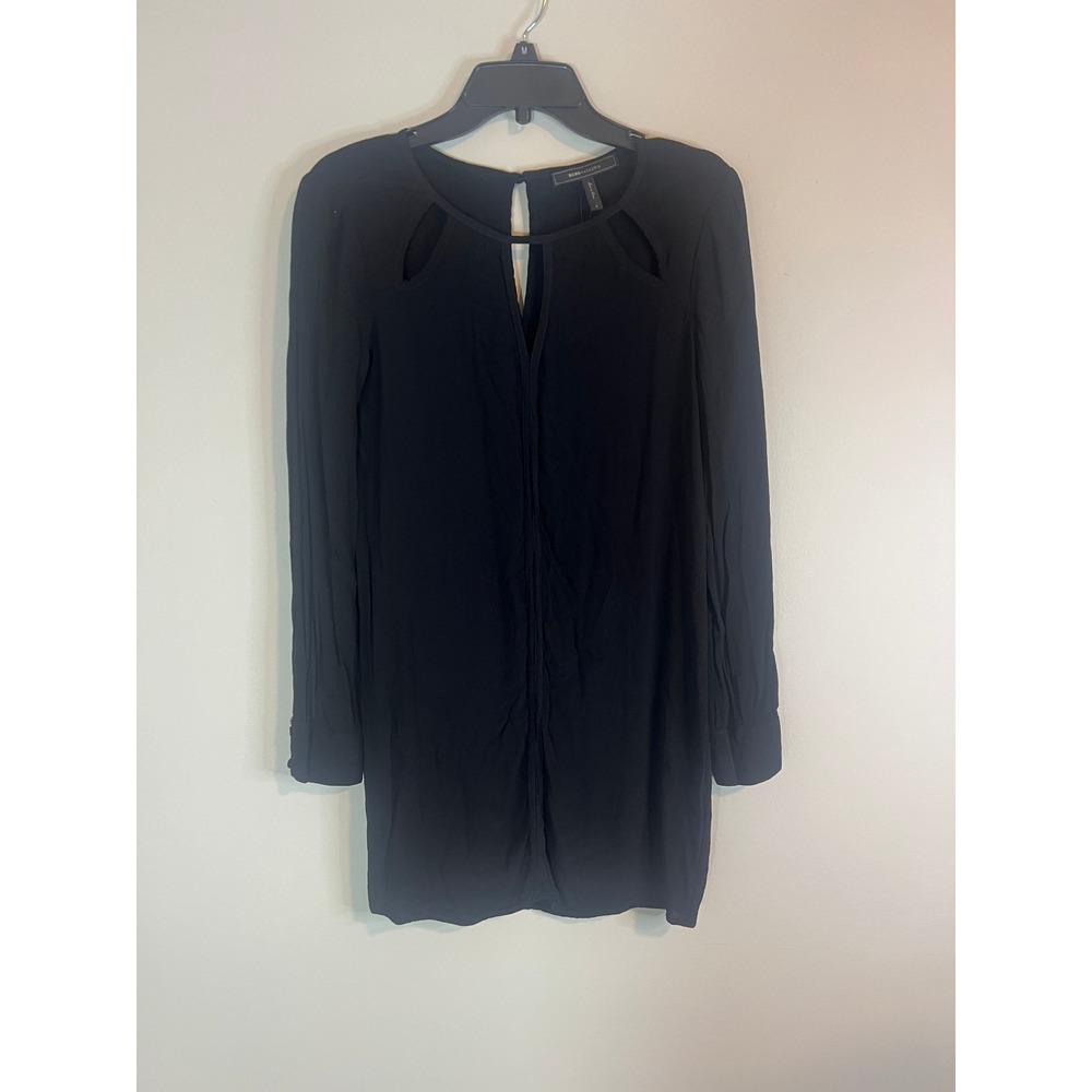 BCBGMAXAZRIA Black Cut Out Shoulder Long Sleeve V-Neck Mini Dress Womens Small